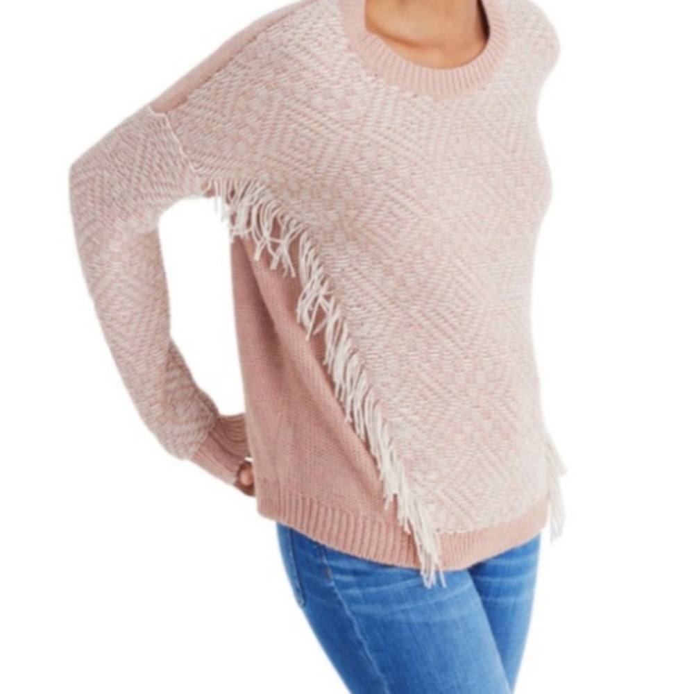 Madewell Pink and Ivory Crew Neck Fringe Diamond Woven Sweater Size Small